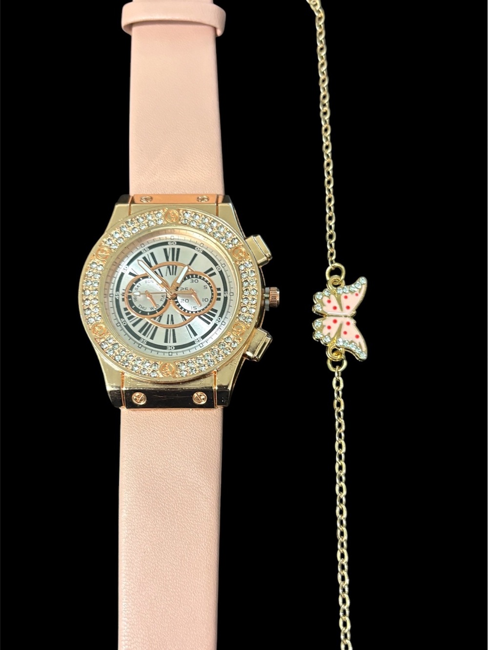 Women's Rose Gold Crystal Accent Watch with Pink Strap with butterfly bracelet